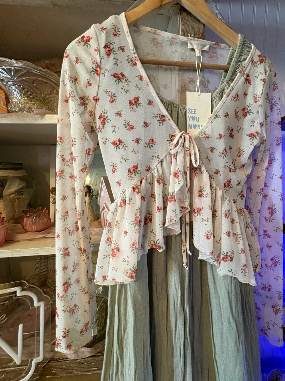 See You Monday Floral Peplum Top with Sage Maxi Skirt - Picture 2 of 3